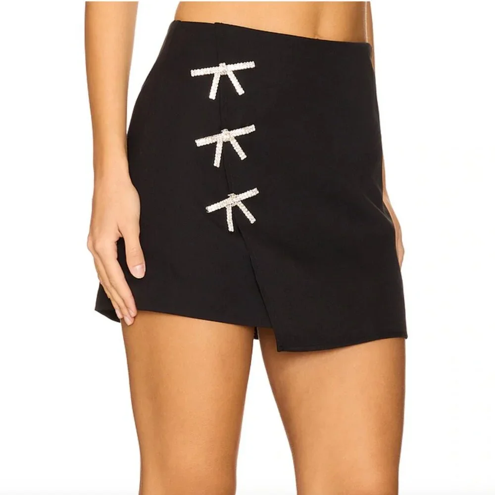 MORE TO COME Ember Mini Skirt in Black Silver Bow Embellished Wrapped XS